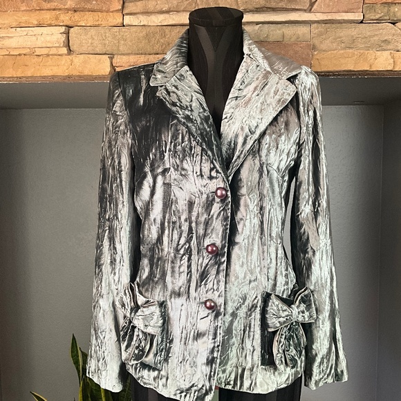 VTG Y2K Crushed Velvet Indie Grunge Bow Blazer Hippie Artsy Boho Blue Purple 10 - Picture 1 of 10